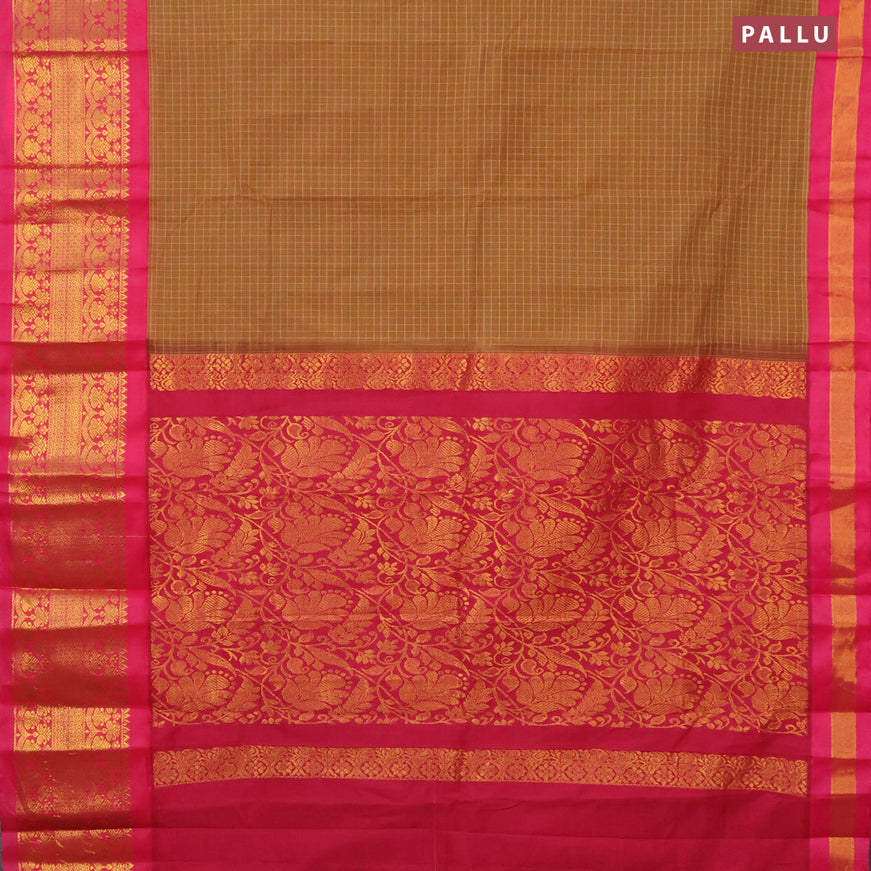 Gadwal cotton saree brown and pink with allover checked pattern and long zari woven korvai border without blouse