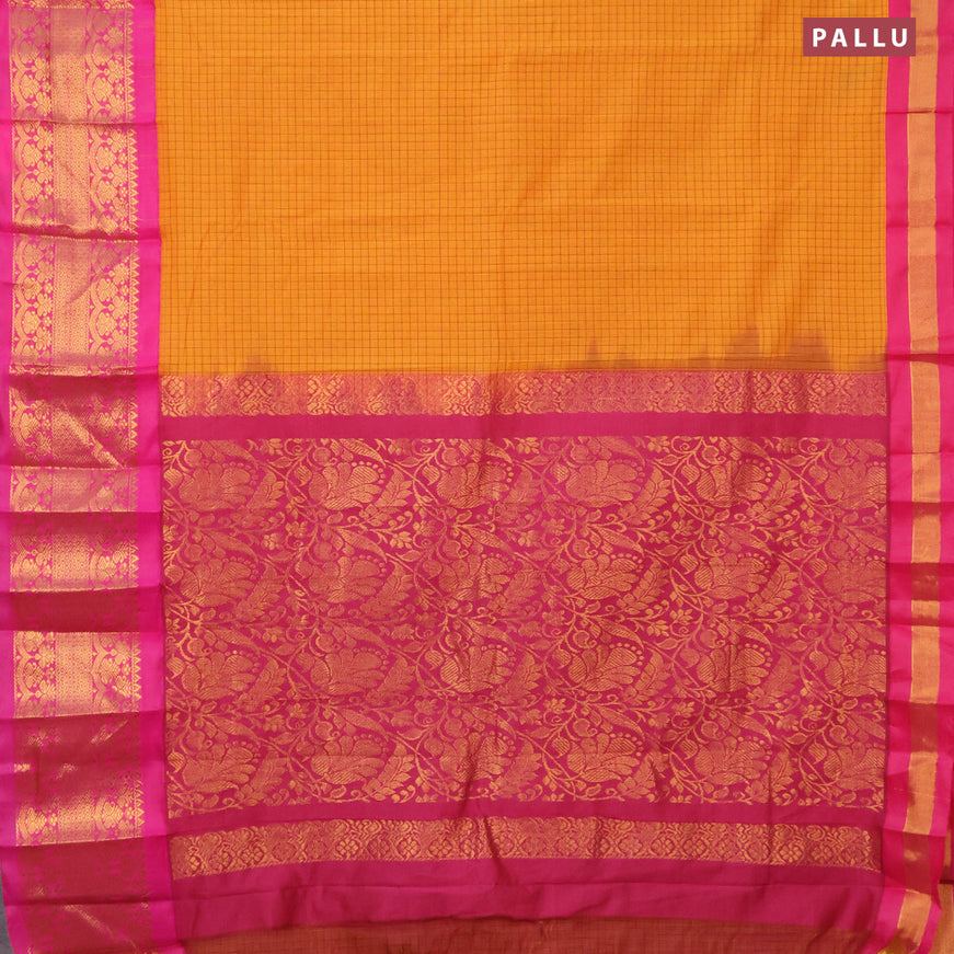 Gadwal cotton saree mango yellow and pink with allover checked pattern and long zari woven korvai border without blouse