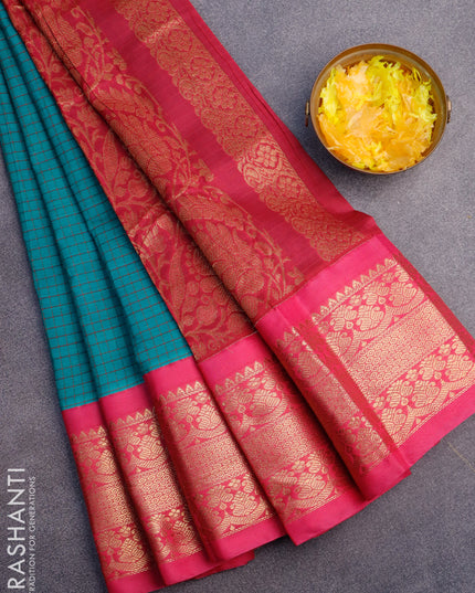 Gadwal cotton saree teal blue and pink with allover checked pattern and long zari woven korvai border without blouse