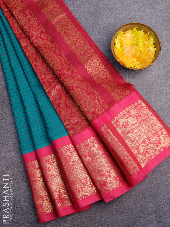 Gadwal cotton saree teal blue and pink with allover checked pattern and long zari woven korvai border without blouse