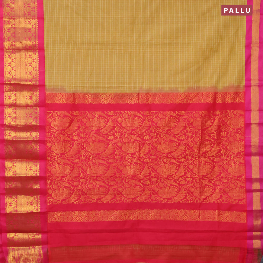 Gadwal cotton saree sandal and pink with allover checked pattern and long zari woven korvai border without blouse