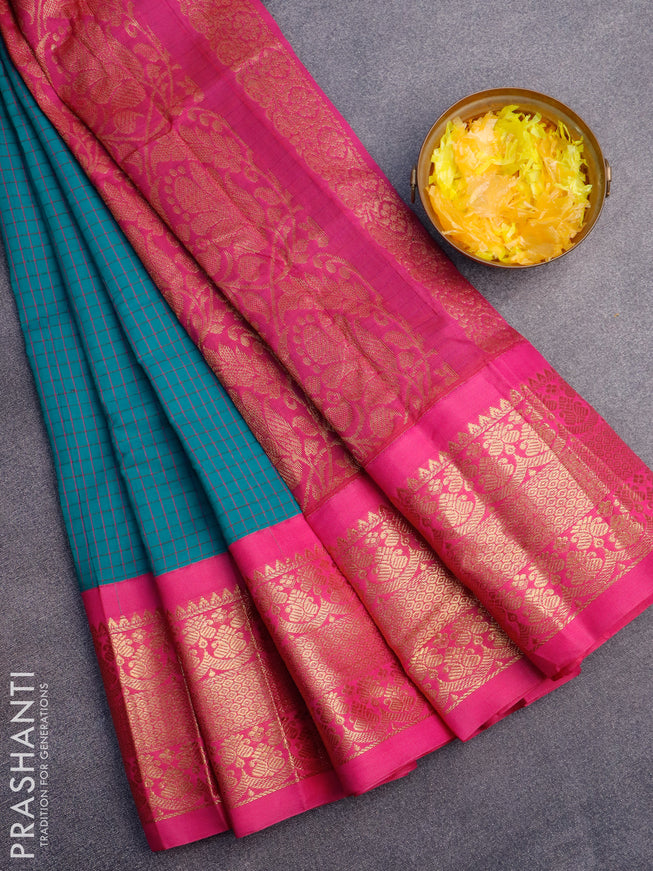 Gadwal cotton saree teal green and pink with allover checked pattern and long zari woven korvai border without blouse