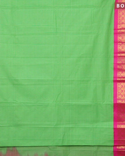 Gadwal cotton saree parrot green and pink with allover checked pattern and long zari woven korvai border without blouse