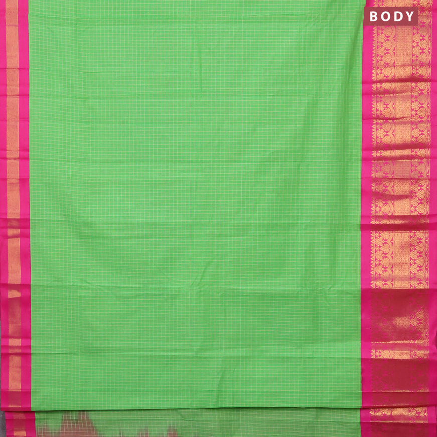 Gadwal cotton saree parrot green and pink with allover checked pattern and long zari woven korvai border without blouse