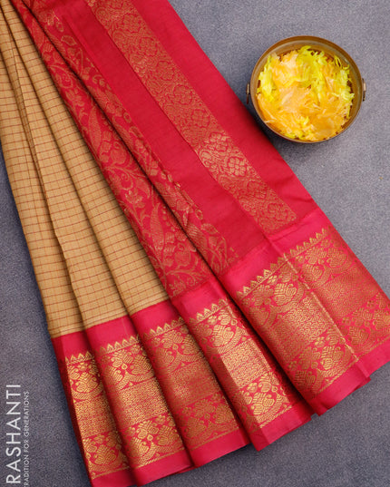 Gadwal cotton saree sandal and pink with allover checked pattern and long zari woven korvai border without blouse