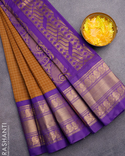 Gadwal cotton saree dark mustard and violet with allover checked pattern and long annam zari woven korvai border without blouse