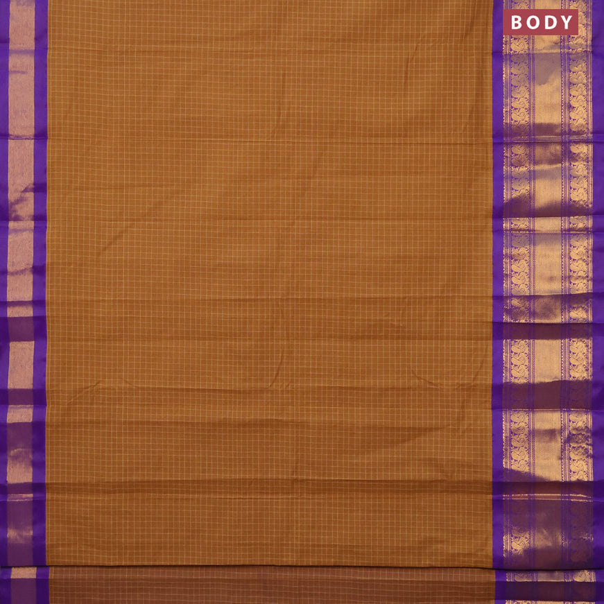 Gadwal cotton saree dark mustard and violet with allover checked pattern and long annam zari woven korvai border without blouse