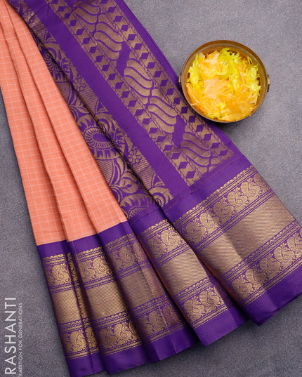 Gadwal cotton saree peach orange and violet with allover checked pattern and long annam zari woven korvai border without blouse
