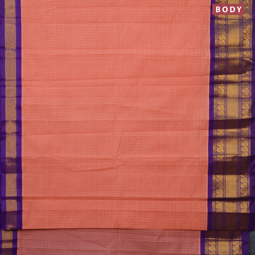 Gadwal cotton saree peach orange and violet with allover checked pattern and long annam zari woven korvai border without blouse