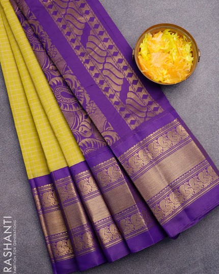 Gadwal cotton saree lime yellow and violet with allover checked pattern and long annam zari woven korvai border without blouse