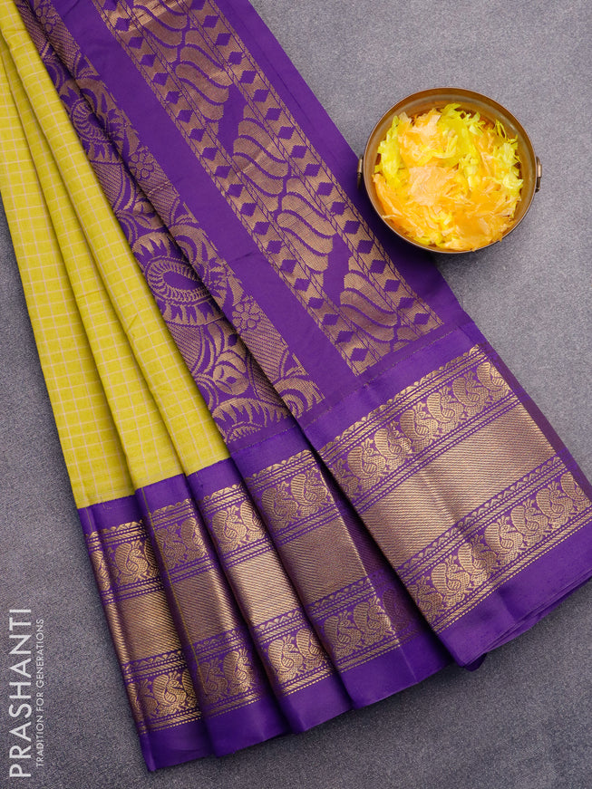 Gadwal cotton saree lime yellow and violet with allover checked pattern and long annam zari woven korvai border without blouse