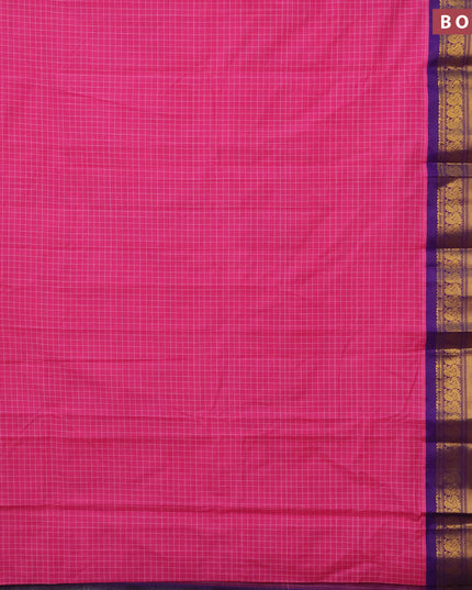 Gadwal cotton saree pink and violet with allover checked pattern and long annam zari woven korvai border without blouse