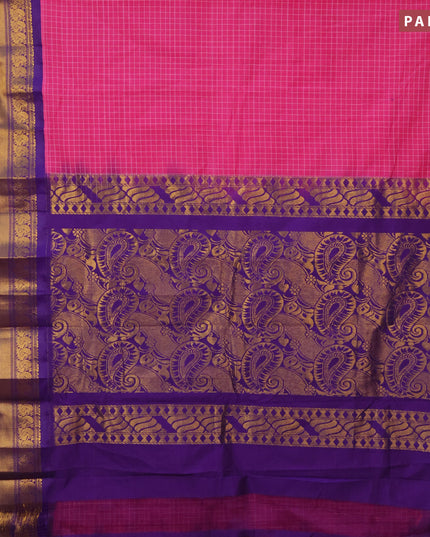 Gadwal cotton saree pink and violet with allover checked pattern and long annam zari woven korvai border without blouse
