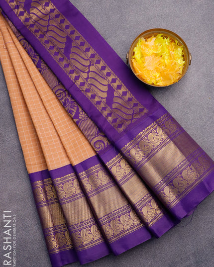 Gadwal cotton saree sandal and violet with allover checked pattern and long annam zari woven korvai border without blouse