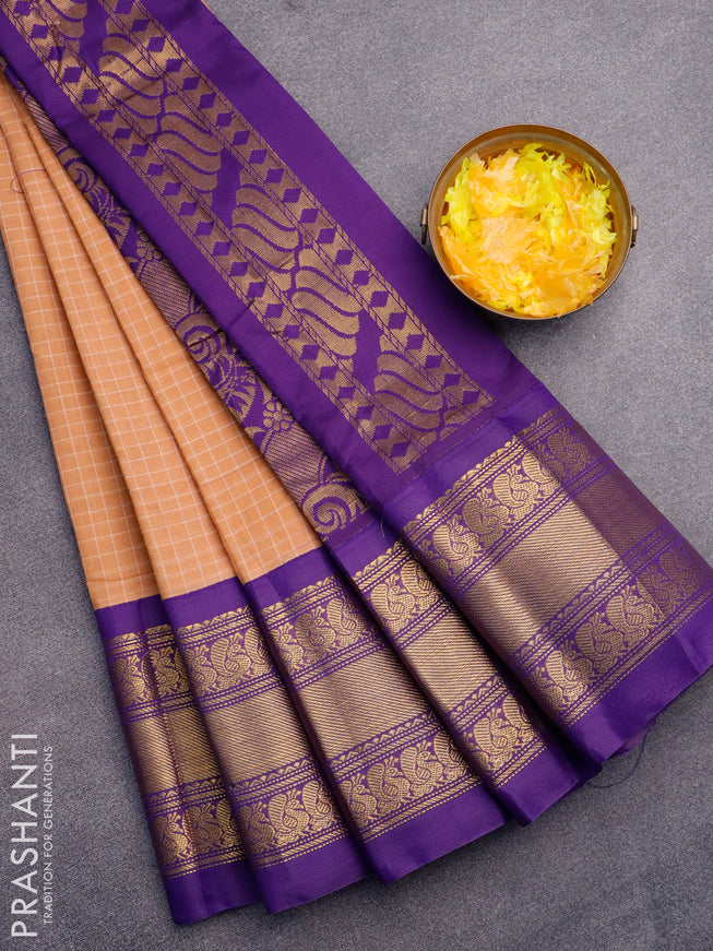 Gadwal cotton saree sandal and violet with allover checked pattern and long annam zari woven korvai border without blouse