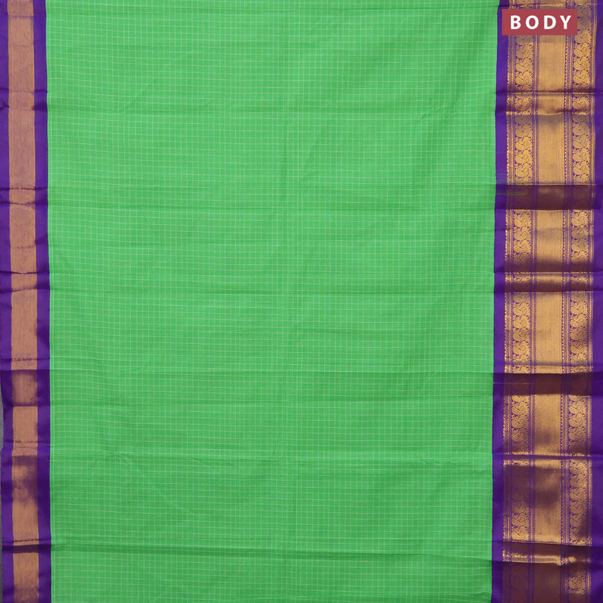 Gadwal cotton saree light green and violet with allover checked pattern and long annam zari woven korvai border without blouse