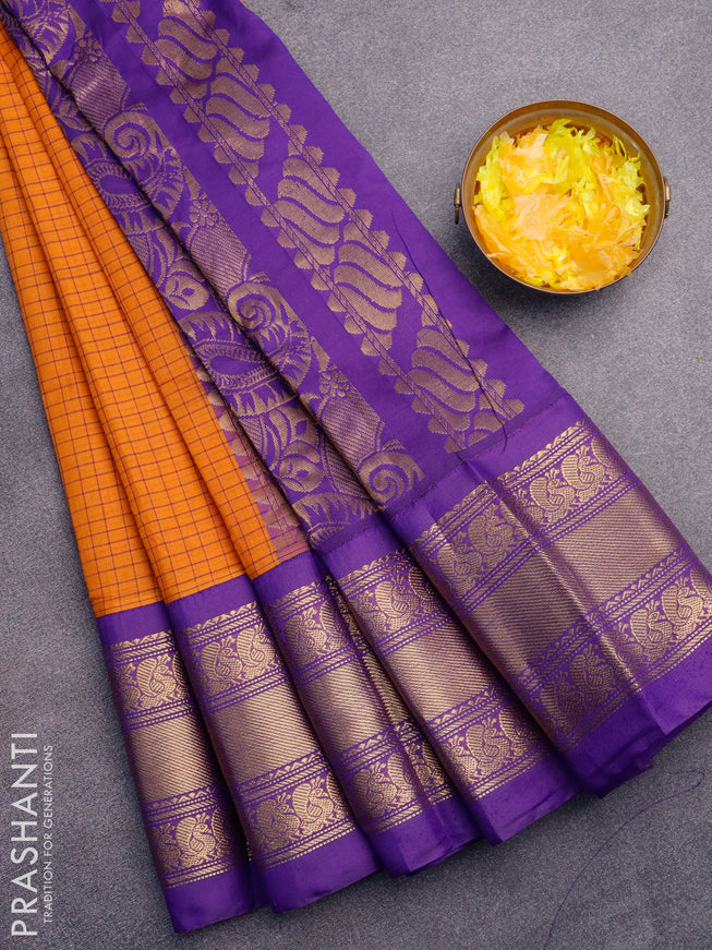 Gadwal cotton saree orange and violet with allover checked pattern and long annam zari woven korvai border without blouse