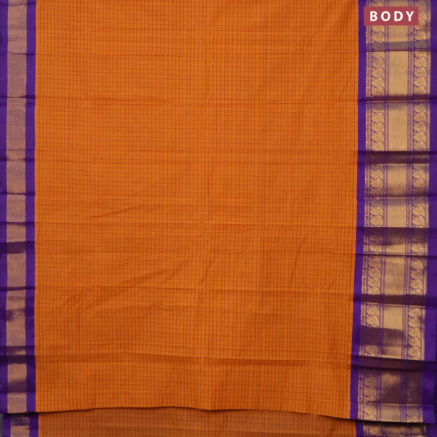Gadwal cotton saree orange and violet with allover checked pattern and long annam zari woven korvai border without blouse