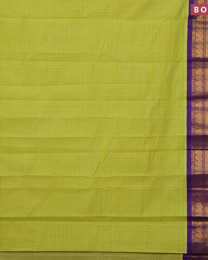 Gadwal cotton saree lime green and violet with allover checked pattern and long annam zari woven korvai border without blouse