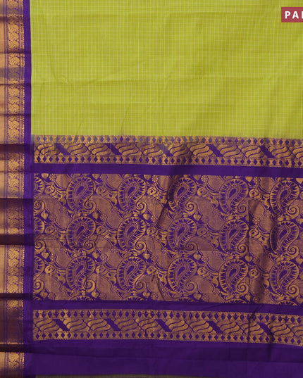 Gadwal cotton saree lime green and violet with allover checked pattern and long annam zari woven korvai border without blouse