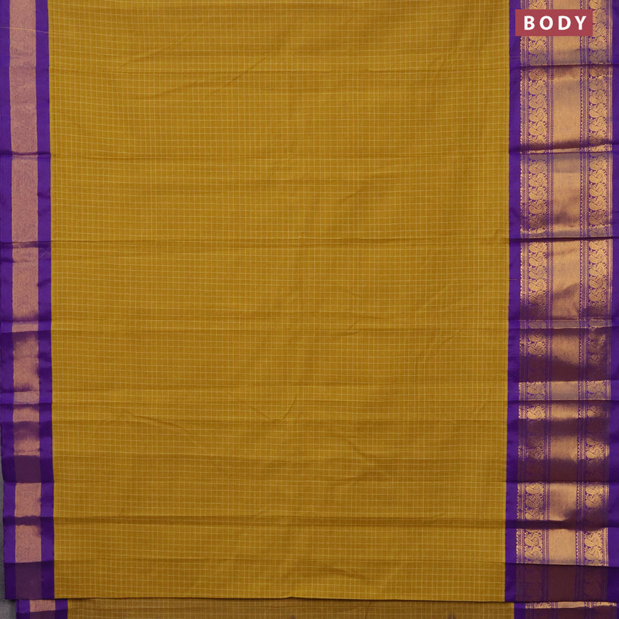 Gadwal cotton saree mustard shade and violet with allover checked pattern and long annam zari woven korvai border without blouse