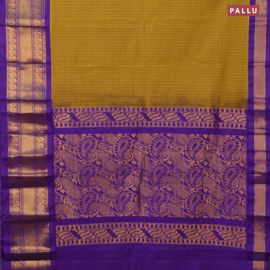 Gadwal cotton saree mustard shade and violet with allover checked pattern and long annam zari woven korvai border without blouse