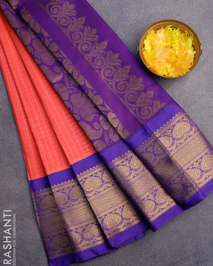 Gadwal cotton saree peach pink shade and blue with allover checked pattern and zari woven border without blouse