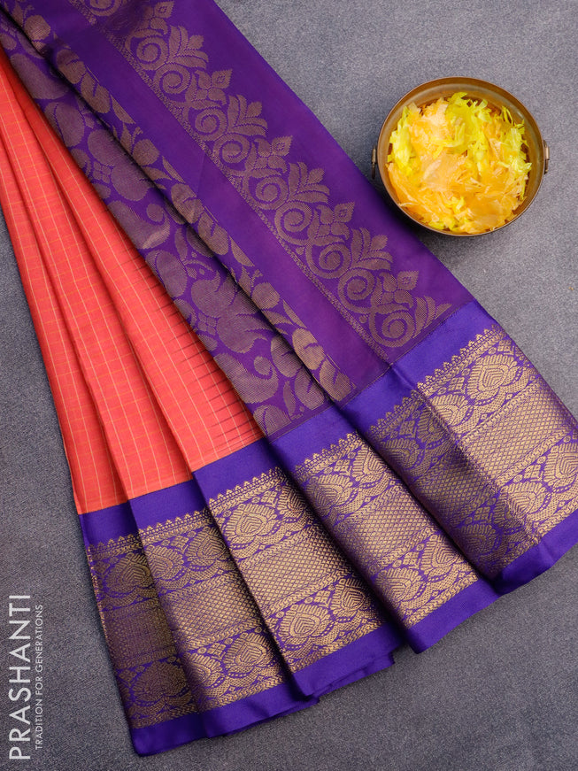 Gadwal cotton saree peach pink shade and blue with allover checked pattern and zari woven border without blouse