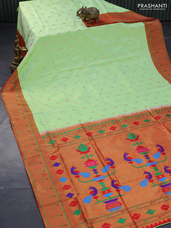 Pure paithani silk saree pista green and red with allover paisley zari woven buttas and zari woven muniya butta border