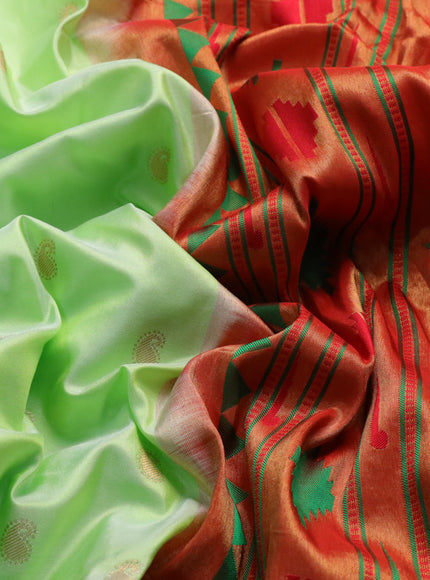 Pure paithani silk saree pista green and red with allover paisley zari woven buttas and zari woven muniya butta border