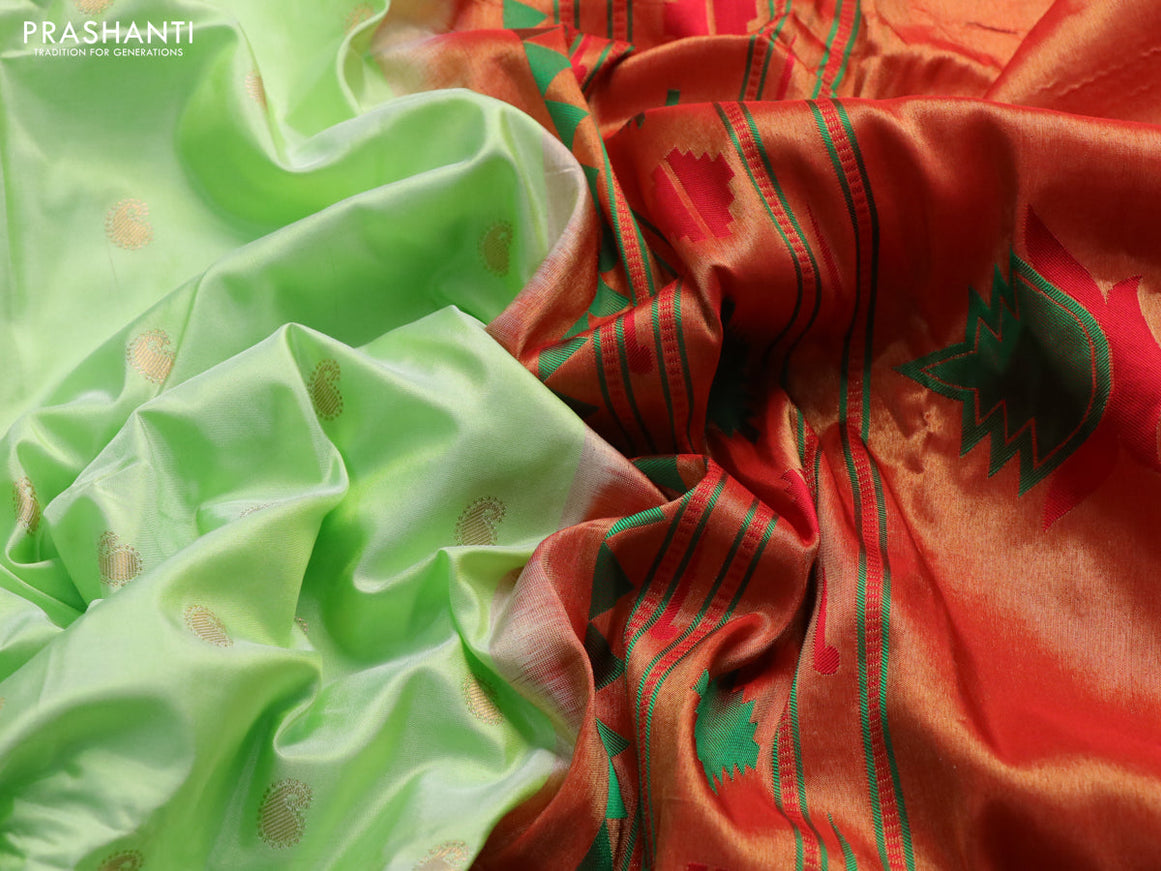 Pure paithani silk saree pista green and red with allover paisley zari woven buttas and zari woven muniya butta border