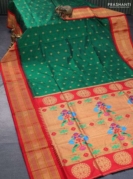 Pure paithani silk saree green and red with zari woven buttas and zari woven border & paithani design pallu