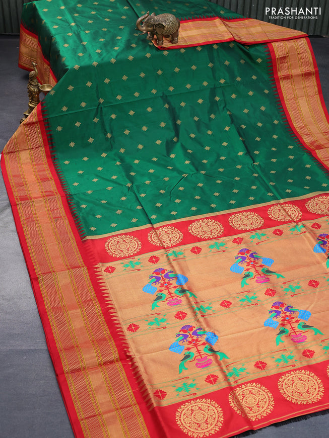 Pure paithani silk saree green and red with zari woven buttas and zari woven border & paithani design pallu