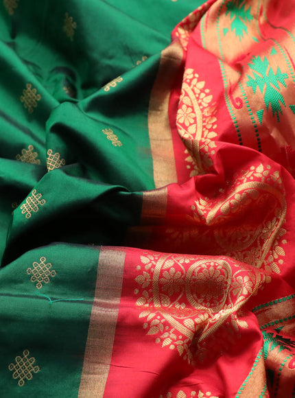 Pure paithani silk saree green and red with zari woven buttas and zari woven border & paithani design pallu