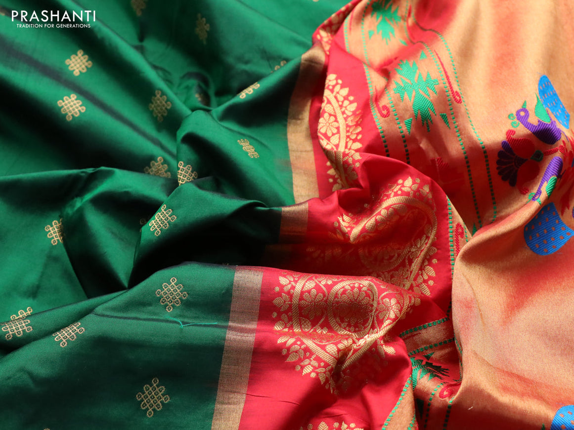 Pure paithani silk saree green and red with zari woven buttas and zari woven border & paithani design pallu