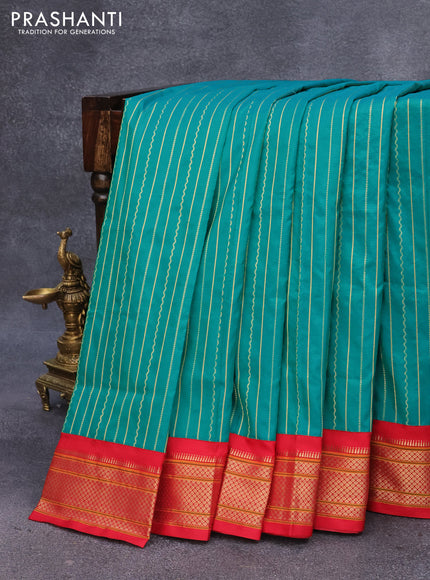 Pure paithani silk saree teal green and red with allover zari woven stripes pattern and zari woven border & paithani design pallu