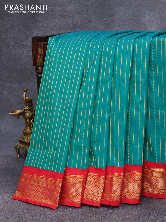 Pure paithani silk saree teal green and red with allover zari woven stripes pattern and zari woven border & paithani design pallu