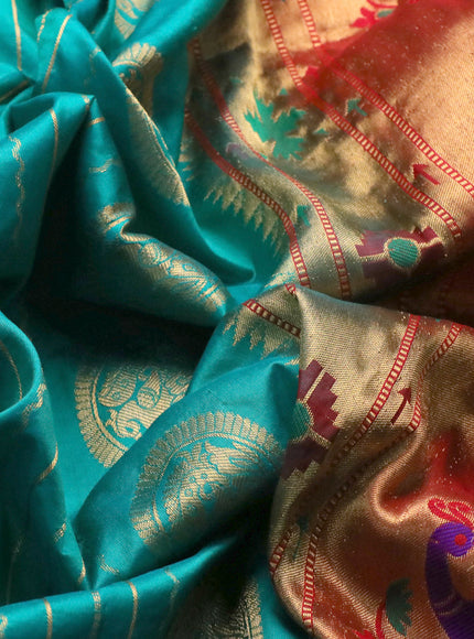 Pure paithani silk saree teal green and red with allover zari woven stripes pattern and zari woven border & paithani design pallu