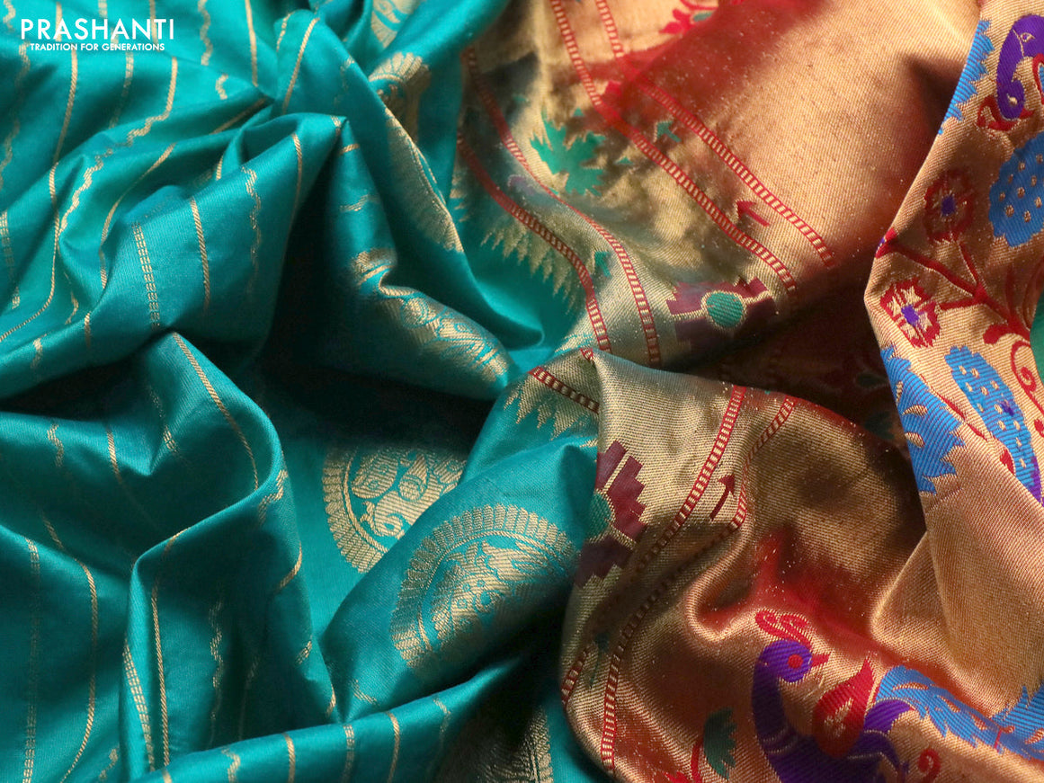 Pure paithani silk saree teal green and red with allover zari woven stripes pattern and zari woven border & paithani design pallu