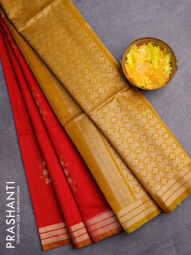 Kora silk cotton saree red and mustard shade with zari woven floral buttas and zari woven border