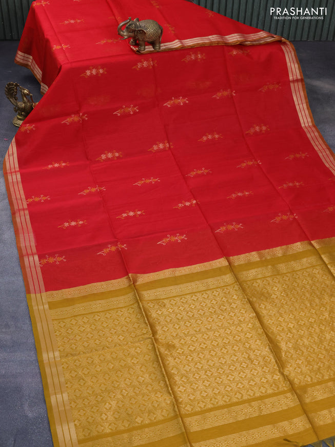 Kora silk cotton saree red and mustard shade with zari woven floral buttas and zari woven border