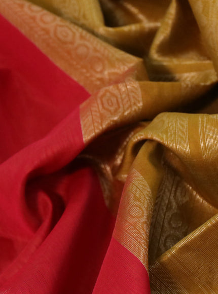 Kora silk cotton saree red and mustard shade with zari woven floral buttas and zari woven border