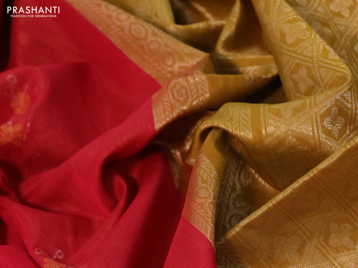 Kora silk cotton saree red and mustard shade with zari woven floral buttas and zari woven border