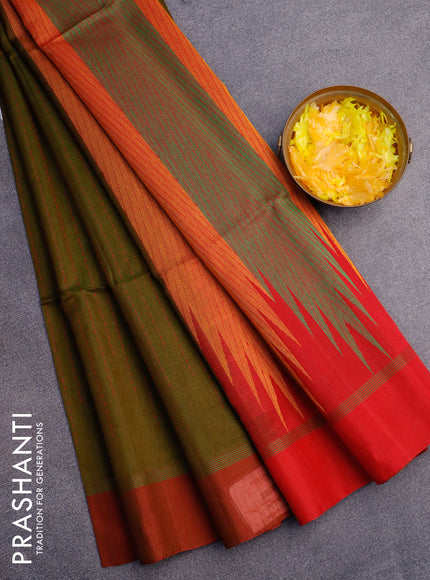 Kora silk cotton saree sap green and red with allover thread weaves and simple border