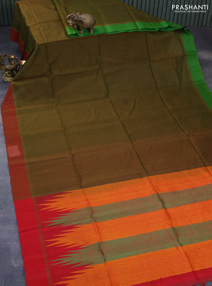 Kora silk cotton saree sap green and red with allover thread weaves and simple border