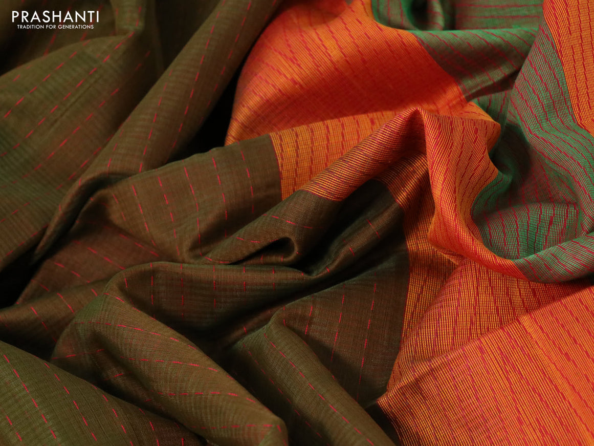 Kora silk cotton saree sap green and red with allover thread weaves and simple border