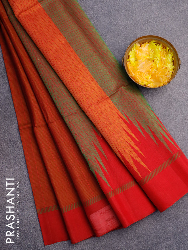 Kora silk cotton saree rust shade and red with allover thread weaves and simple border