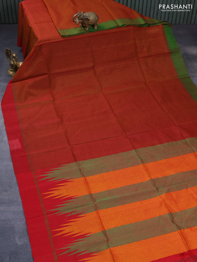 Kora silk cotton saree rust shade and red with allover thread weaves and simple border