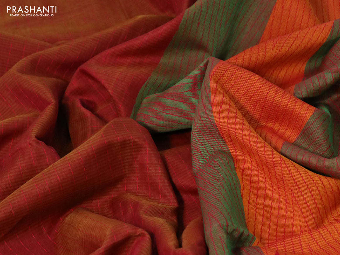 Kora silk cotton saree rust shade and red with allover thread weaves and simple border