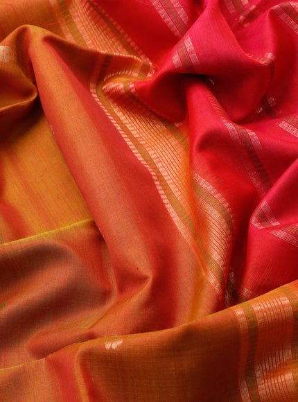 Kora silk cotton saree dual shade of mustard yellow and pink with allover thread & zari woven floral buttas and piping border